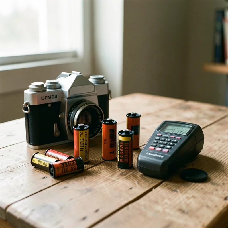 Boîtier reflex 35 mm posé près de rouleaux de pellicule et d'une loupe sur table lumineuse